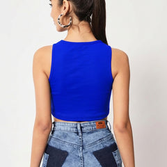 Royal Blue Ribbed Crew Neck Crop Top - Detail 1
