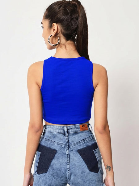 Royal Blue Ribbed Crew Neck Crop Top - Detail 1