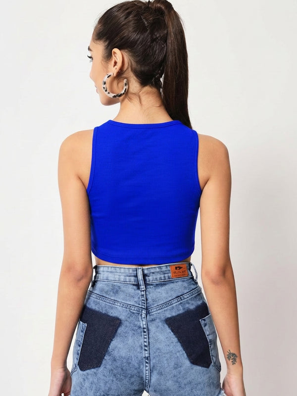 Royal Blue Ribbed Crew Neck Crop Top - Detail 1