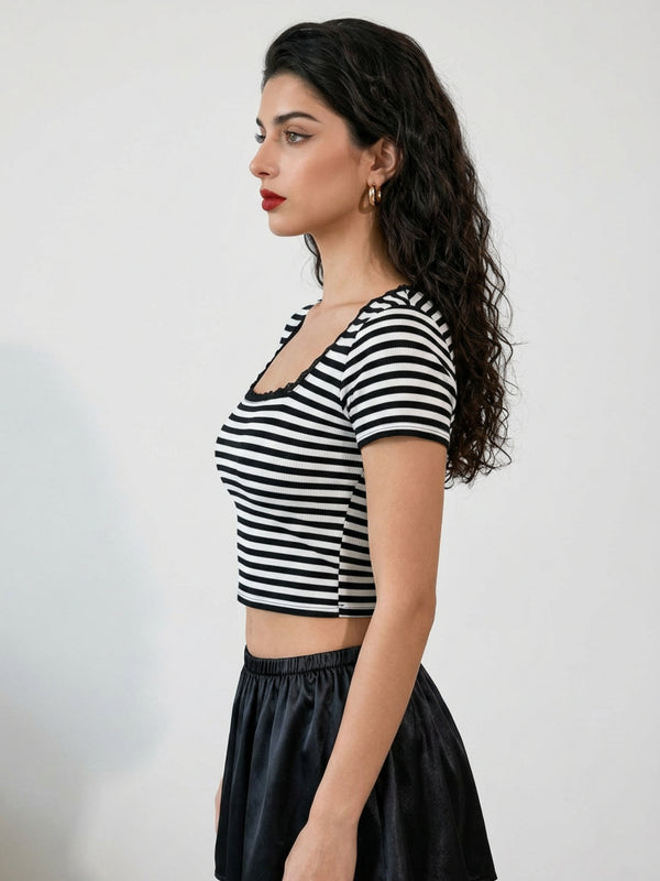 Black with White Stripe crop top view 12