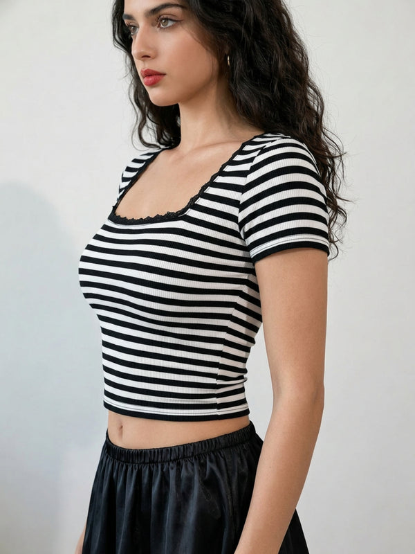 Black with White Stripe crop top view 8