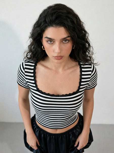 Black with White Stripe crop top view 2
