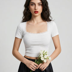 White ribbed square neck lace trim crop top