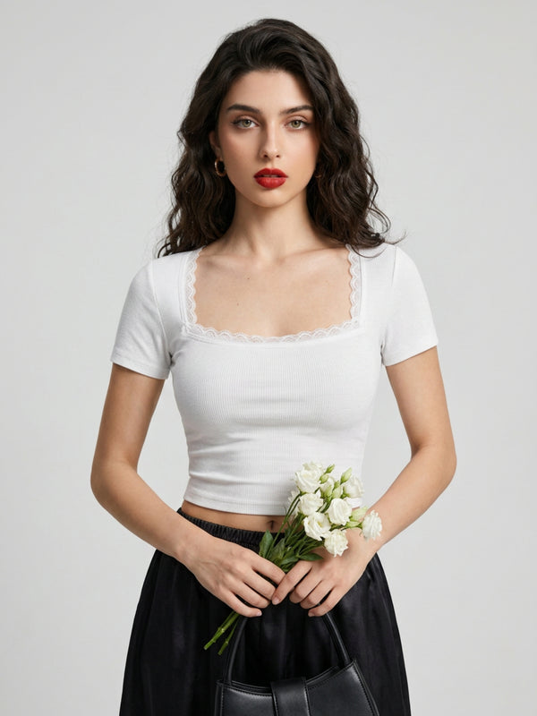 White ribbed square neck lace trim crop top