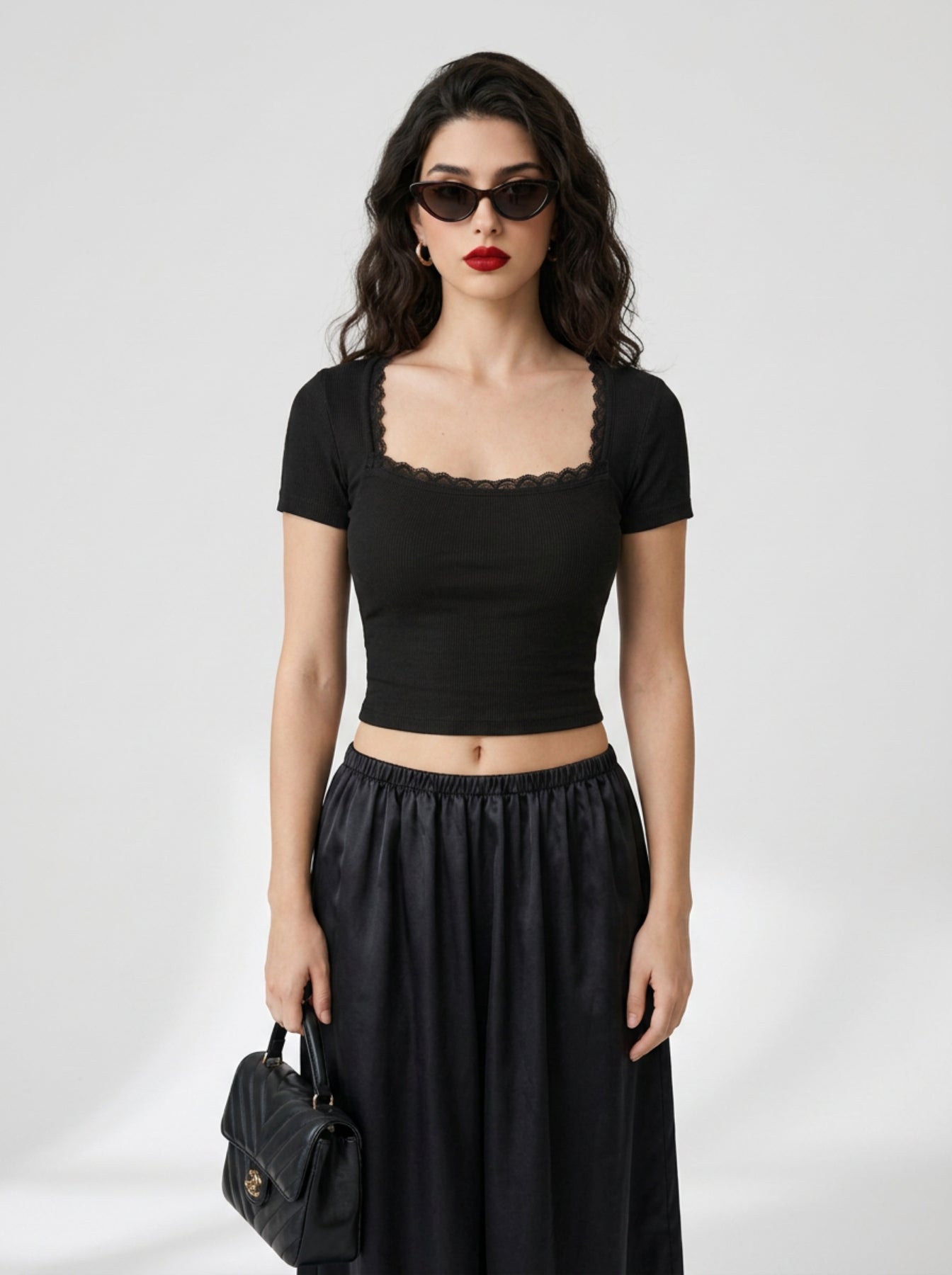 Istyle Can Ribbed Square Neck Lace Trim Crop Top - Black