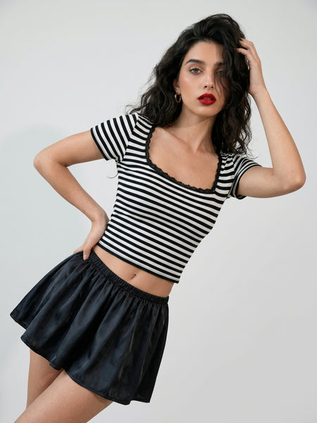 Black with White Stripe crop top view 3
