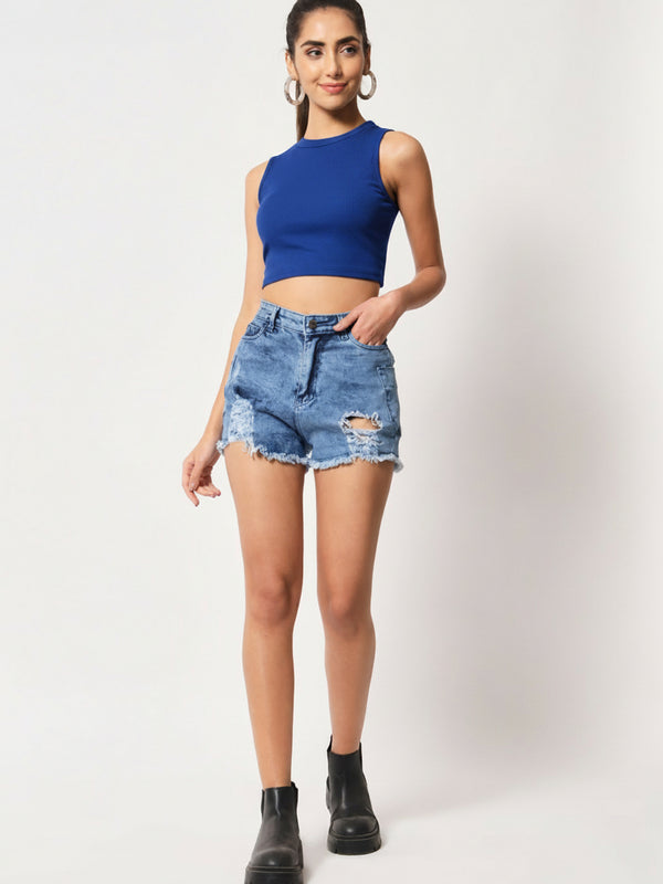 Royal Blue Ribbed Round Neck Crop Top - Detail 1