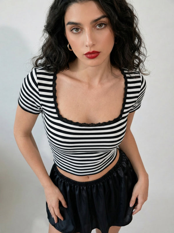 Black with White Stripe crop top view 7
