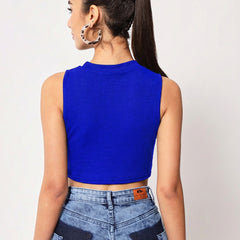 Royal Blue Ribbed Round Neck Crop Top - Detail 4