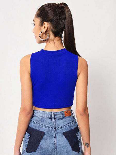 Royal Blue Ribbed Round Neck Crop Top - Detail 4