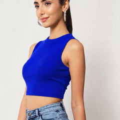 Royal Blue Ribbed Round Neck Crop Top - Detail 5