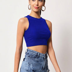 Royal Blue Ribbed Crew Neck Crop Top - Detail 5