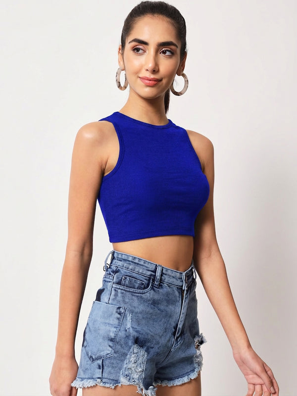 Royal Blue Ribbed Crew Neck Crop Top - Detail 5