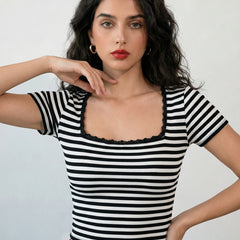 Black with White Stripe ribbed square neck lace trim crop top