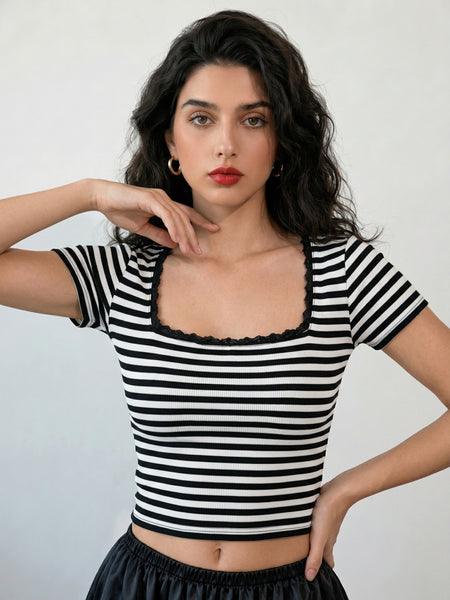 Black with White Stripe ribbed square neck lace trim crop top