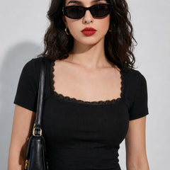 Black ribbed square neck lace trim crop top