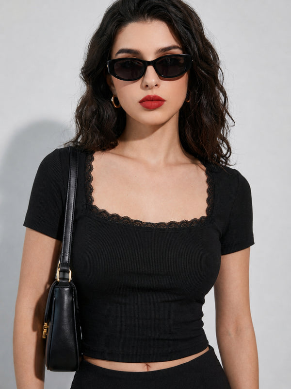 Black ribbed square neck lace trim crop top