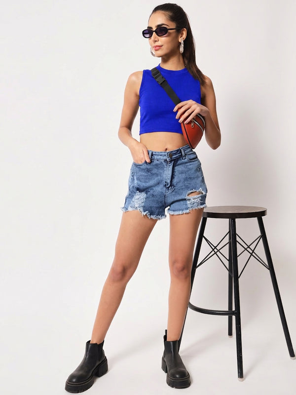Royal Blue Ribbed Round Neck Crop Top - Detail 6