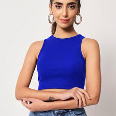Istyle Can Women Royal Blue Ribbed Crew Neck Sleeveless Crop Top - Front