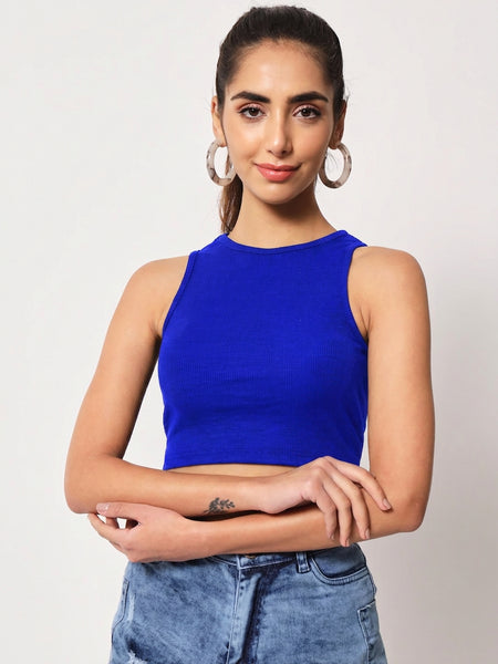 Istyle Can Women Royal Blue Ribbed Crew Neck Sleeveless Crop Top - Front