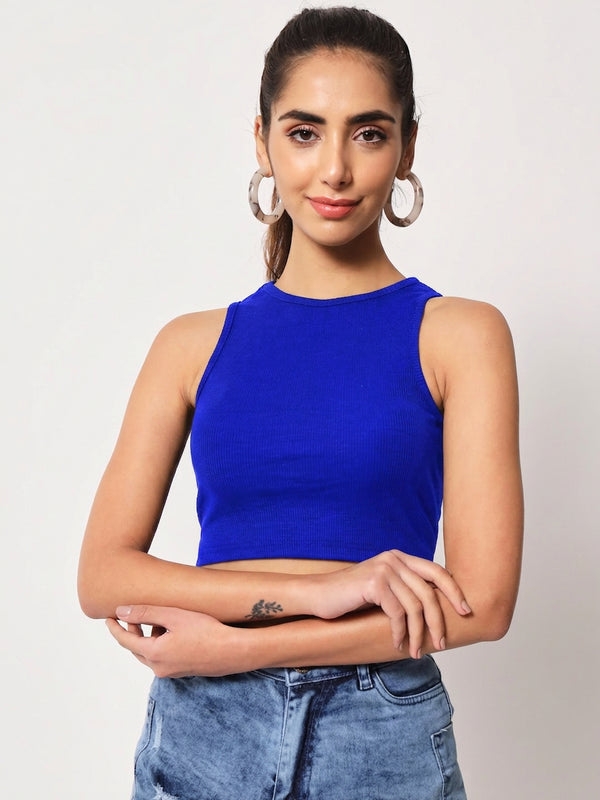 Istyle Can Women Royal Blue Ribbed Crew Neck Sleeveless Crop Top - Front