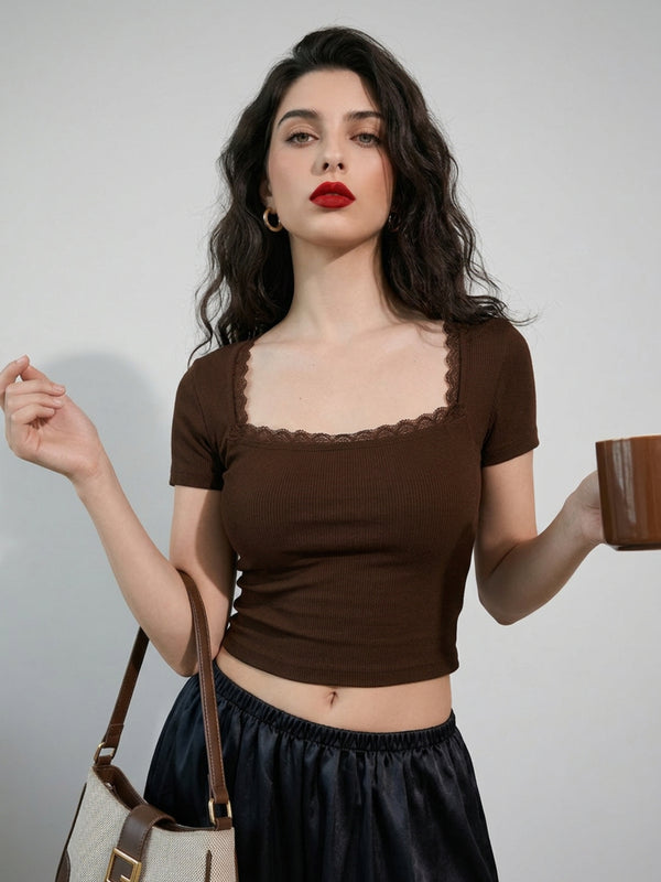 Brown ribbed square neck lace trim crop top