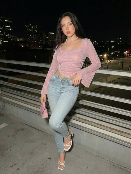 Istylecan Shimmering Solid Pink Lurex Mesh Crop Top with Square Neck & Bell Sleeves