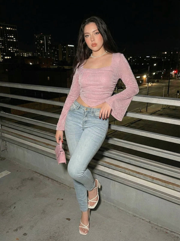 Istylecan Shimmering Solid Pink Lurex Mesh Crop Top with Square Neck & Bell Sleeves