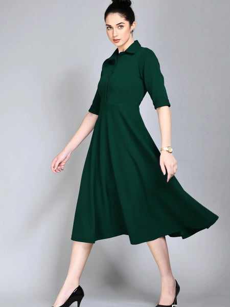 Istyle Can Bottel Green Serenity Button Up Front 3/4 Sleeves Fit and Flared Shirt Midi Dress My Store