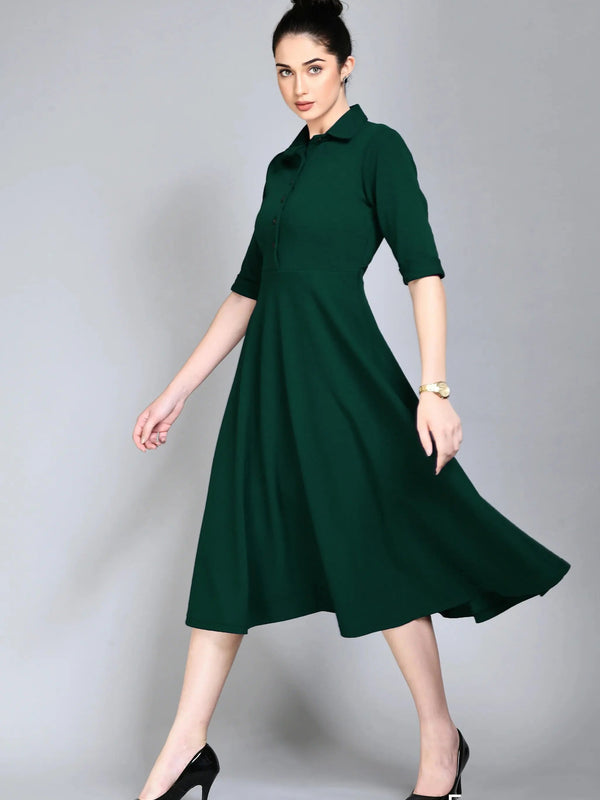 Istyle Can Bottel Green Serenity Button Up Front 3/4 Sleeves Fit and Flared Shirt Midi Dress My Store