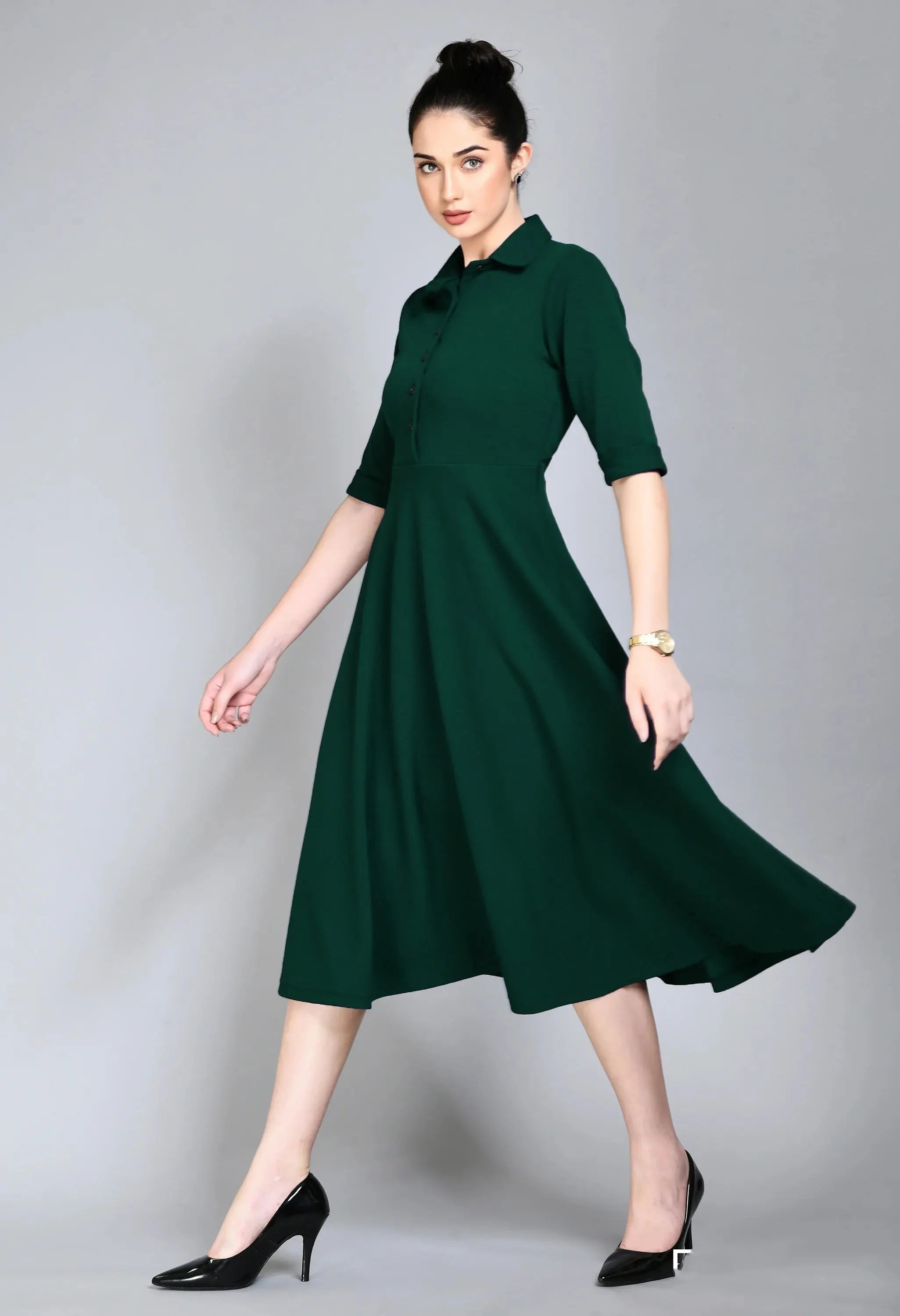 Istyle Can Bottel Green Serenity Button Up Front 3/4 Sleeves Fit and Flared Shirt Midi Dress My Store