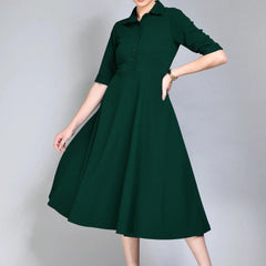 Istyle Can Bottel Green Serenity Button Up Front 3/4 Sleeves Fit and Flared Shirt Midi Dress My Store