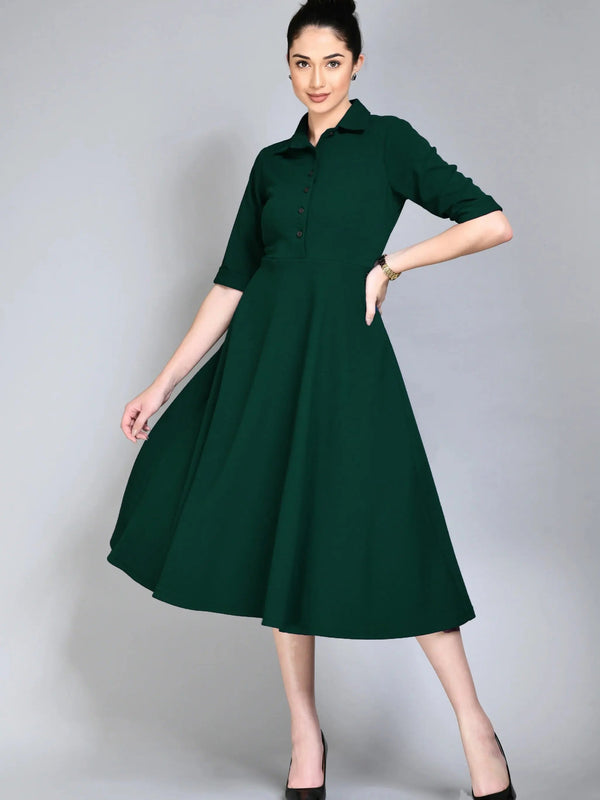 Istyle Can Bottel Green Serenity Button Up Front 3/4 Sleeves Fit and Flared Shirt Midi Dress My Store