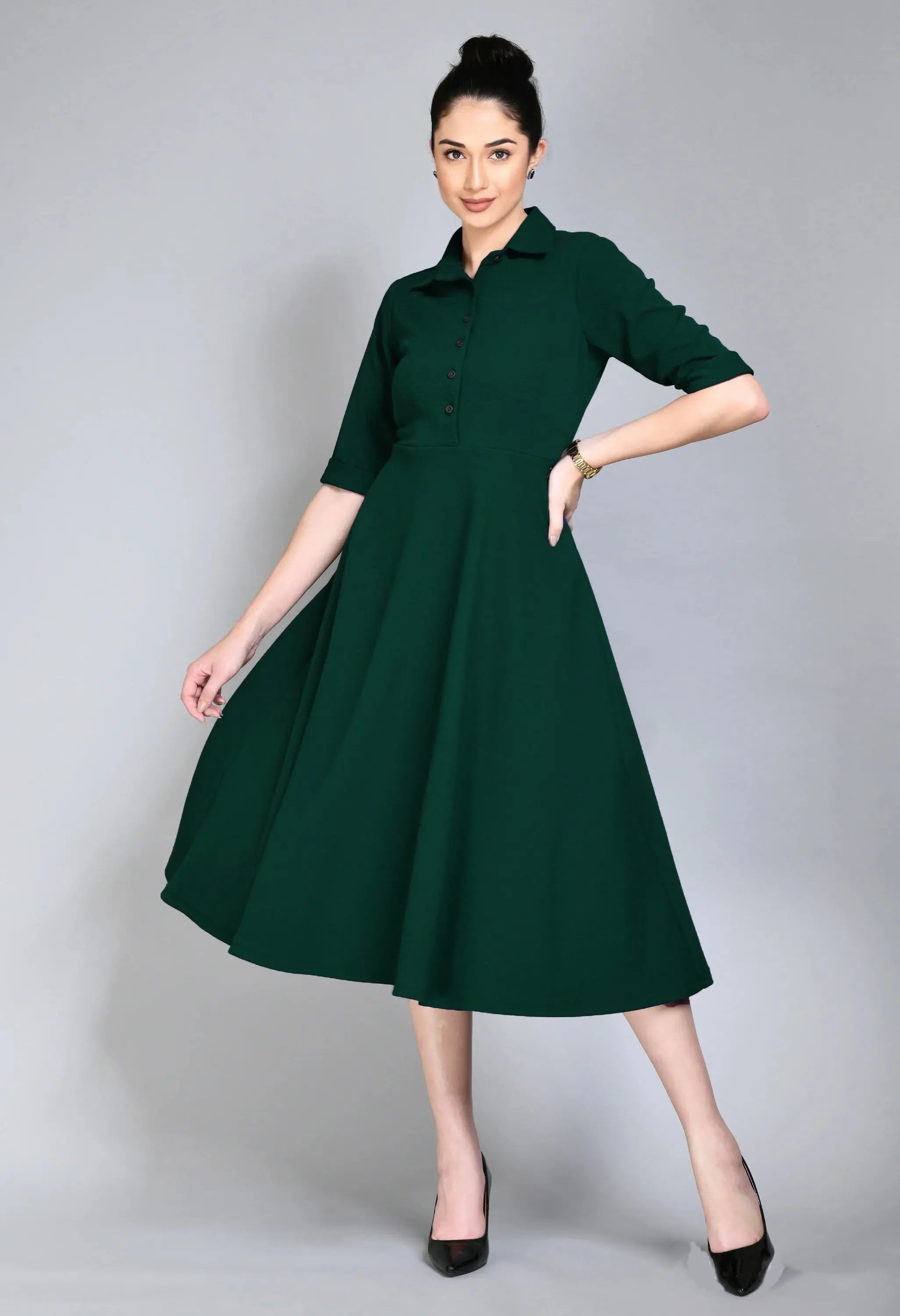Istyle Can Bottel Green Serenity Button Up Front 3/4 Sleeves Fit and Flared Shirt Midi Dress My Store Main image