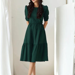 Istyle Can Bottle Green Solid Puff Sleeve Crepe Fit & Flare Midi Dress Istyle Can