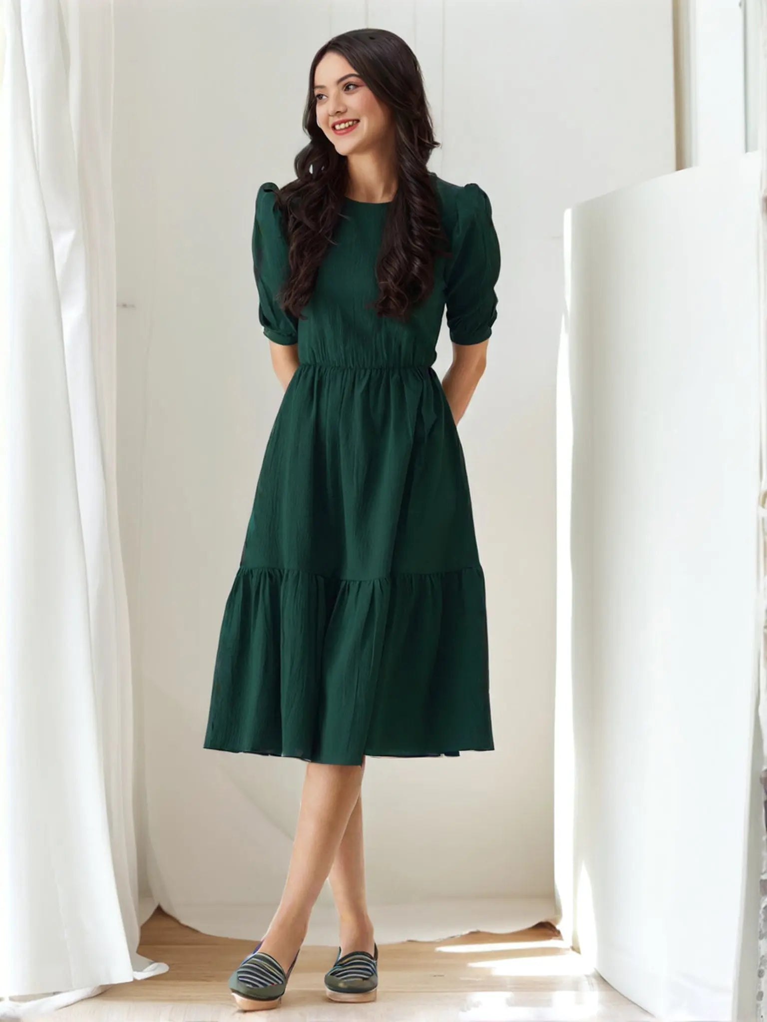 Istyle Can Bottle Green Solid Puff Sleeve Crepe Fit & Flare Midi Dress Istyle Can Main image