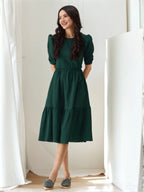 Istyle Can Bottle Green Solid Puff Sleeve Crepe Fit & Flare Midi Dress Istyle Can
