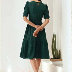 Istyle Can Bottle Green Solid Puff Sleeve Crepe Fit & Flare Midi Dress Istyle Can