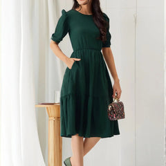 Istyle Can Bottle Green Solid Puff Sleeve Crepe Fit & Flare Midi Dress Istyle Can