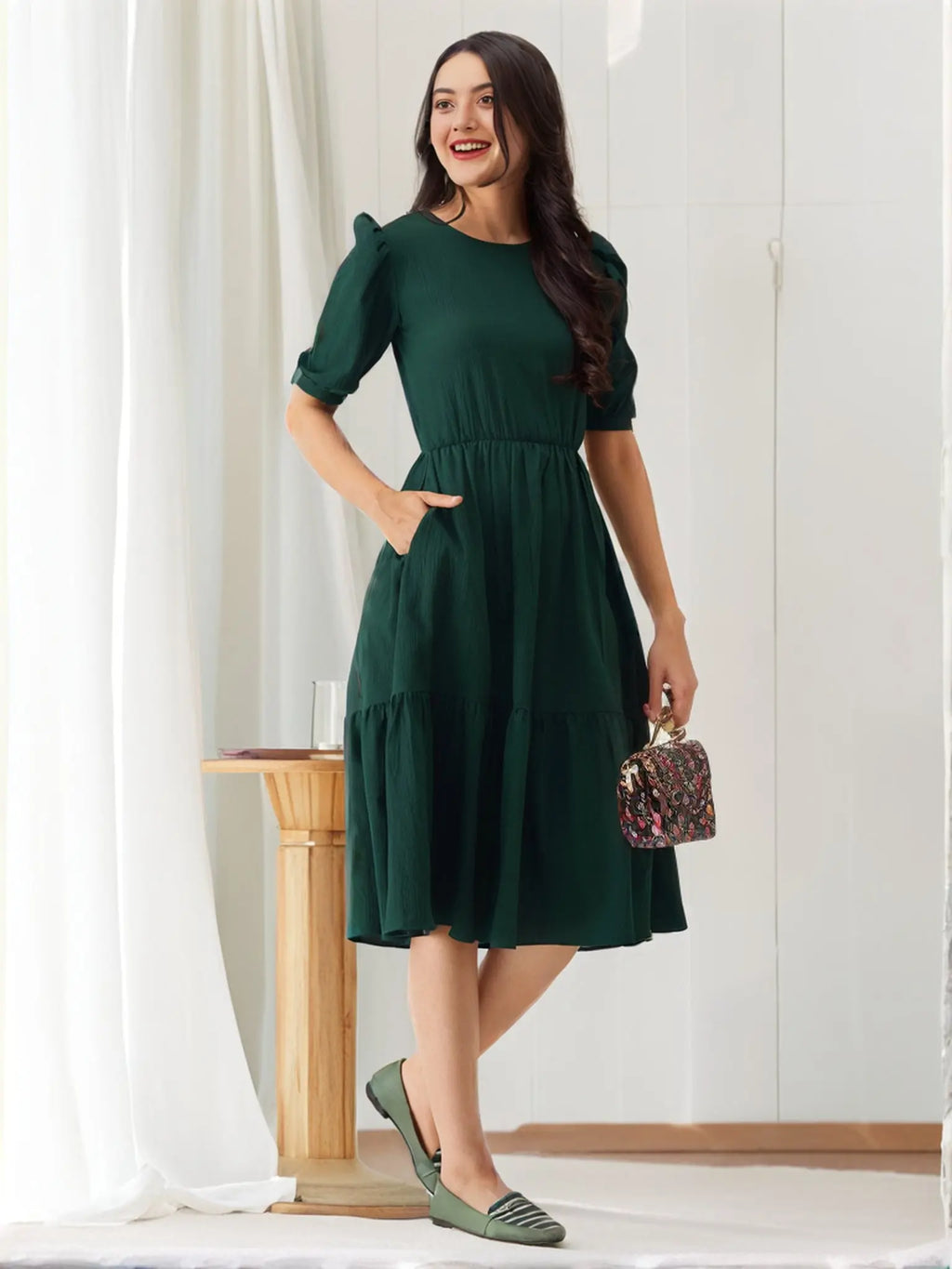 Istyle Can Bottle Green Solid Puff Sleeve Crepe Fit & Flare Midi Dress Istyle Can