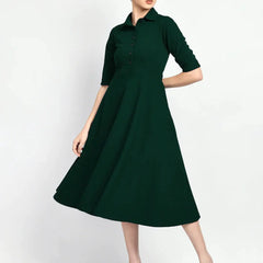 Istyle Can Bottel Green Serenity Button Up Front 3/4 Sleeves Fit and Flared Shirt Midi Dress My Store