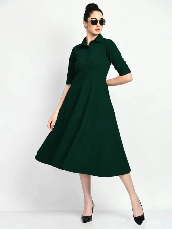 Istyle Can Bottel Green Serenity Button Up Front 3/4 Sleeves Fit and Flared Shirt Midi Dress My Store