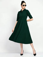 Istyle Can Bottel Green Serenity Button Up Front 3/4 Sleeves Fit and Flared Shirt Midi Dress My Store