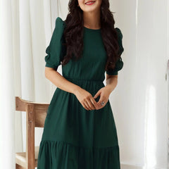 Istyle Can Bottle Green Solid Puff Sleeve Crepe Fit & Flare Midi Dress Istyle Can