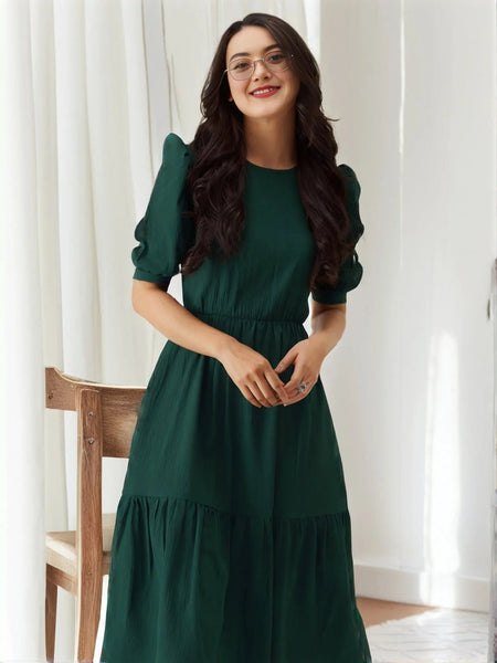 Istyle Can Bottle Green Solid Puff Sleeve Crepe Fit & Flare Midi Dress Istyle Can