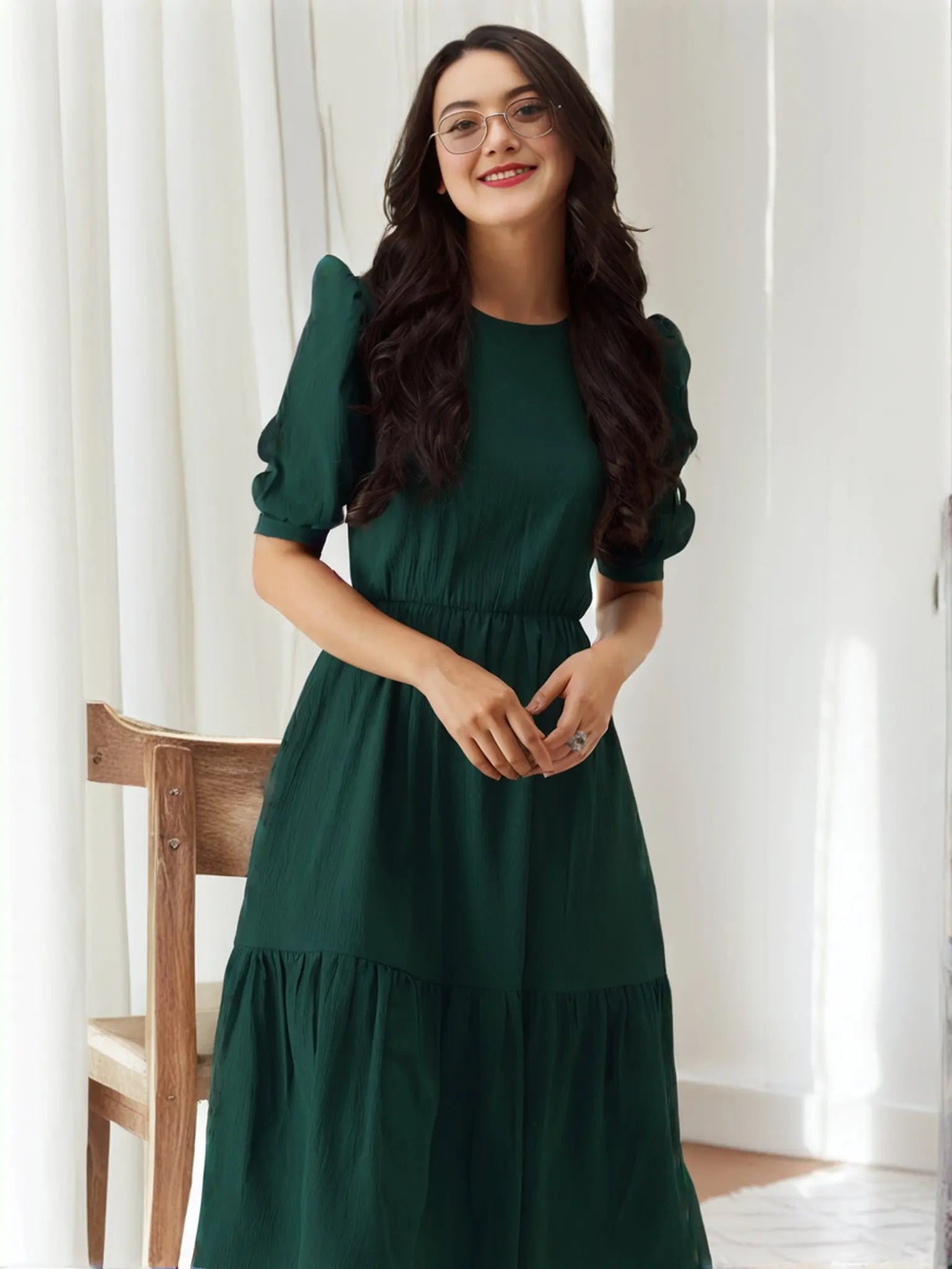 Istyle Can Bottle Green Solid Puff Sleeve Crepe Fit & Flare Midi Dress Istyle Can