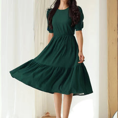 Istyle Can Bottle Green Solid Puff Sleeve Crepe Fit & Flare Midi Dress Istyle Can