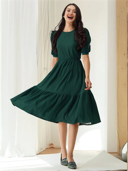 Istyle Can Bottle Green Solid Puff Sleeve Crepe Fit & Flare Midi Dress Istyle Can