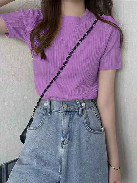 Lavender Women’s Slim Fit Solid Rib Knit Stretchable Top Istyle Can