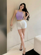 Womens Lavender Solid Ribbed Helter Neck Slim Fit Crop Tank Top Istyle Can